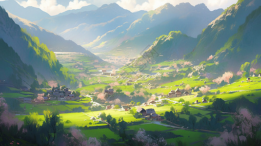 春天山坡上几座漂亮唯美的卡通村庄风景图片