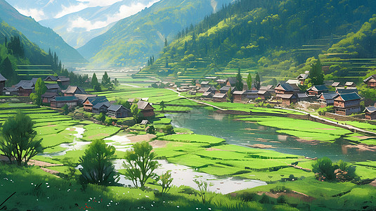 春天小河边几座美丽的卡通小村庄图片