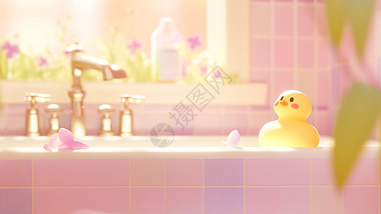 午后的温暖的阳光洒进浴室一只可爱的卡通小黄鸭在浴池中图片