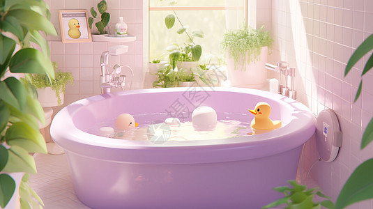 卡通浴室中一个装满洗澡水的卡通紫色浴盆图片