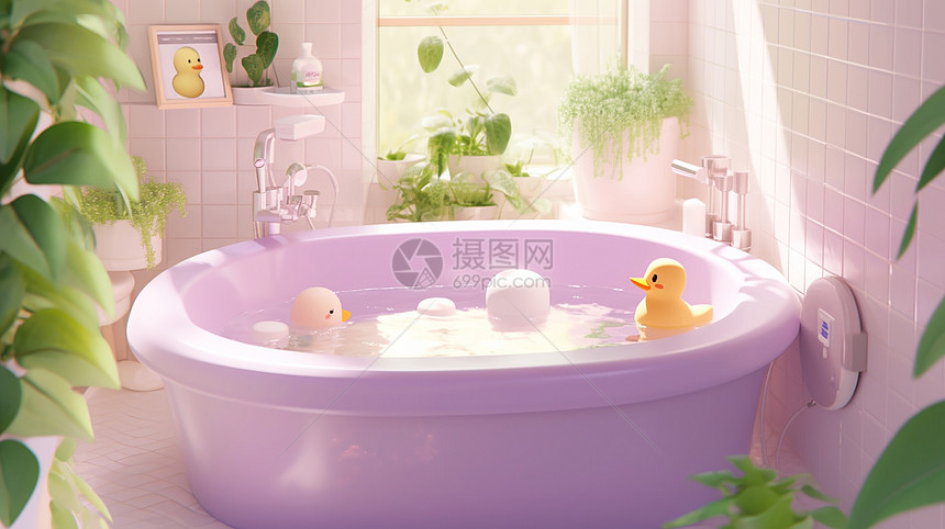 卡通浴室中一个装满洗澡水的卡通紫色浴盆图片