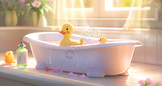 浴室正面浴缸中放满洗澡水一只卡通小黄鸭在游泳插画