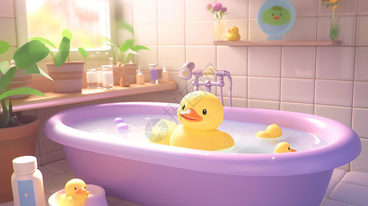 可爱的卡通浴室中几只漂浮在浴缸中的黄色卡通橡皮鸭图片