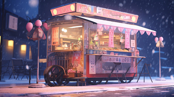 夜大雪中温馨的卡通小商店图片