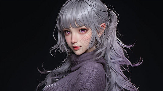 紫色眼睛灰色长发穿着深色毛衣的卡通女孩背景图片