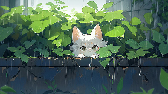 趴在墙边的绿植下躲雨的可爱卡通小白猫图片