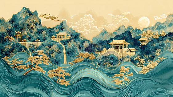 抽象梦幻的鎏金色古风卡通山水画山中的古建筑图片