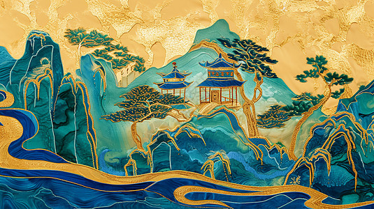 抽象梦幻的中国风古山水画唯美卡通风景图片