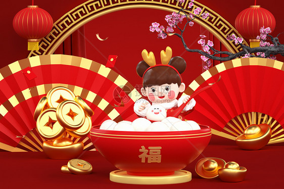 3D立体红色喜庆新年元宵节主题背景图片