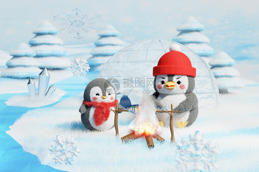 毛绒企鹅可爱卡通雪地场景图片