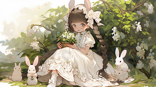 穿着白色公主裙坐在花丛旁可爱的卡通小女孩背景图片