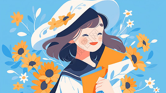 戴着帽子开心笑的扁平风卡通女孩在黄色花丛中背景图片