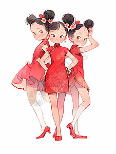 三个穿红色旗袍漂亮的卡通女孩图片