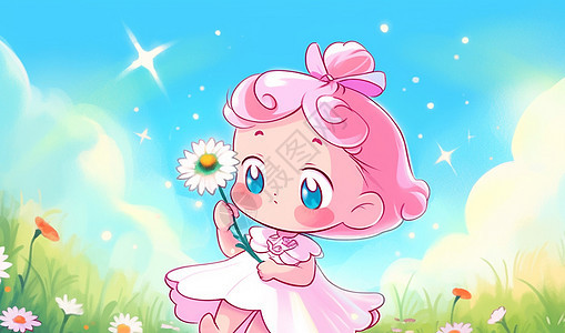 粉色头发拿着小花可爱可的卡通小女孩图片