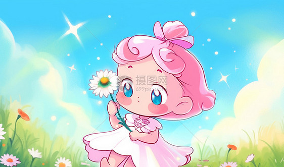 粉色头发拿着小花可爱可的卡通小女孩图片