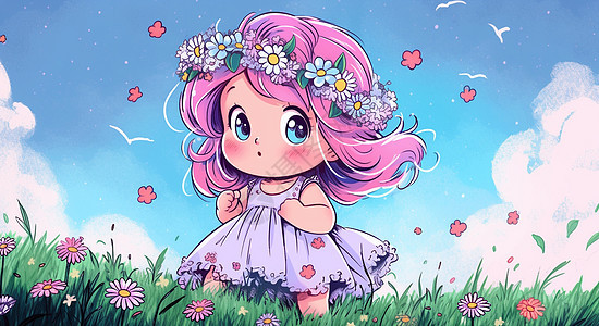 头戴花环穿着紫色裙子在田野中的可爱卡通小女孩图片