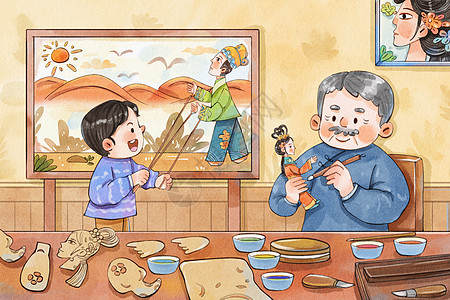 春节新年手绘水彩之非遗皮影制作插画插画