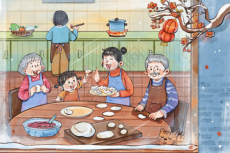 手绘除夕夜一家人包水饺温馨治愈系插画图片