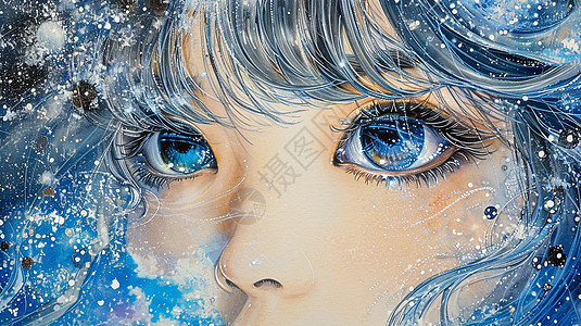 风雪中蓝色眼睛漂亮的卡通女孩图片