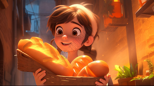 大眼睛可爱的卡通女孩抱着一筐面包开心笑背景图片