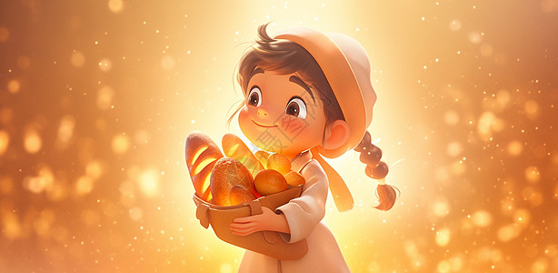戴着帽子可爱的卡通小女孩抱着一筐面包高清图片