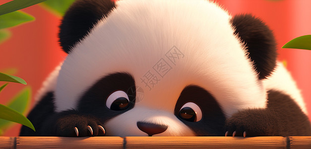 趴在木头上的毛茸茸可爱的卡通大熊猫图片