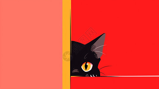 躲在红墙后面的卡通小黑猫背景图片