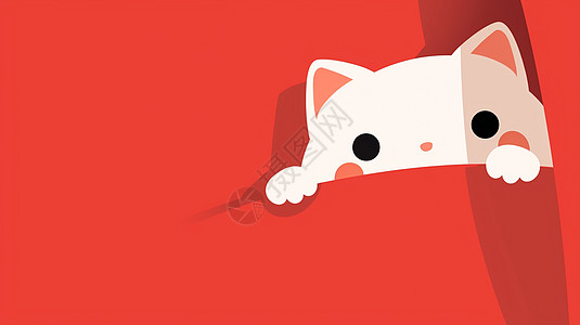 盖着红色被子简约可爱的卡通小白猫图片