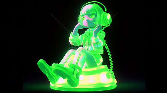 戴着耳麦坐在电话机上荧光绿色可爱的卡通小女孩图片