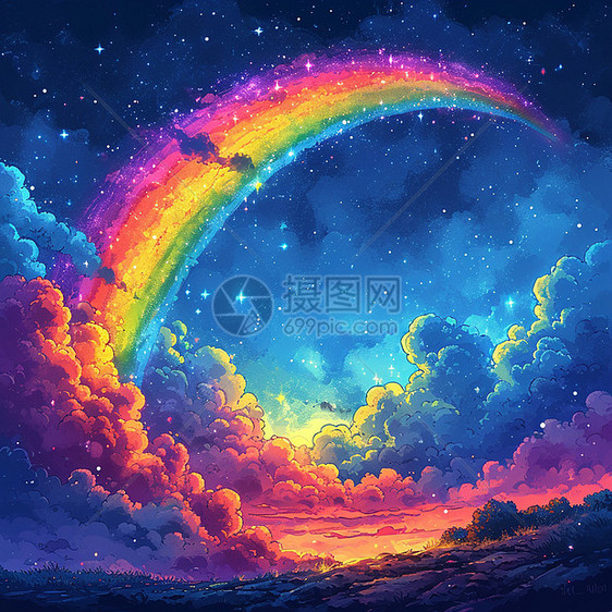 梦幻彩色云朵上一条彩虹图片