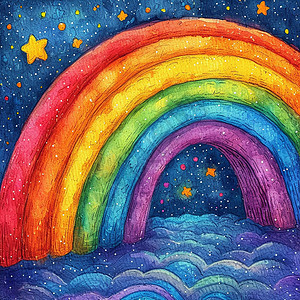 厚厚的云朵上一条彩色美丽的卡通彩虹图片