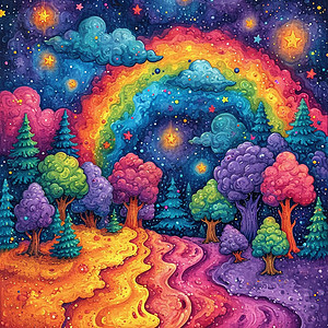 彩色梦幻的森林深处一条美丽的卡通彩虹唯美抽象风景画图片