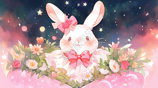 在花束中开心笑可爱的卡通小白兔图片