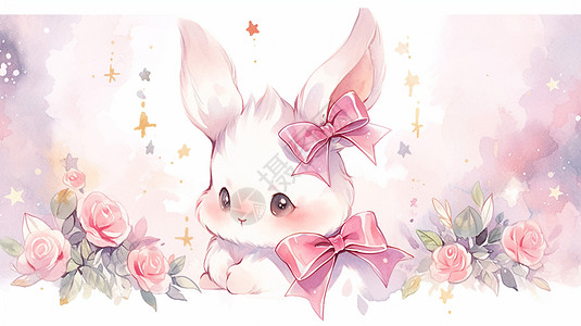 耳朵上有大大的粉色蝴蝶结的可爱卡通小白兔高清图片