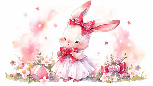 头上顶着红色蝴蝶结的可爱卡通小白兔在花园中图片