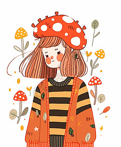 戴着红色蘑菇帽子穿着毛衣开衫的可爱卡通小女孩图片