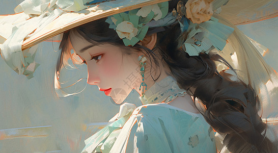 头上戴着大大的卡通花朵遮阳帽低头优雅大气的卡通女孩背景图片