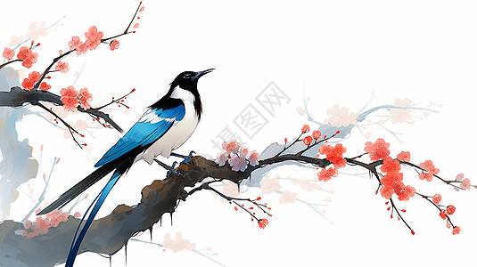 站在红梅树上的可爱卡通喜鹊鸟图片