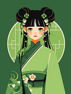 身穿绿色长袍古风优雅漂亮的扁平风卡通女孩图片