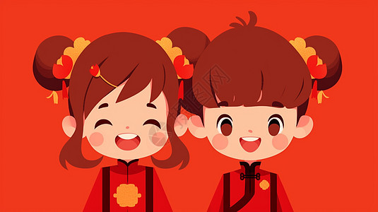 红色背景两个可爱的古风卡通小女孩在开心笑图片