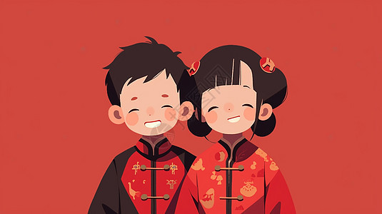 穿着喜庆的古风服装开心笑的卡通男孩女孩扁平风插画图片
