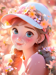 戴着棒球帽的小清新卡通小女孩头上有很多小花图片