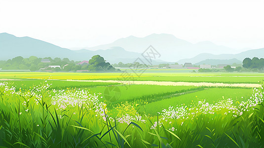 春天一大片嫩绿色田野与远处的卡通小村庄高清图片