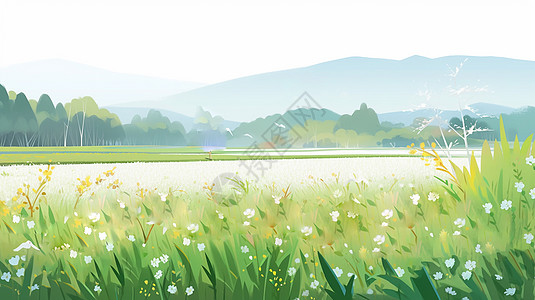 俯视草地春天唯美漂亮的卡通风景草地上点缀着小小的花朵插画