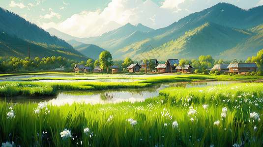 春天山脚下一座美丽的卡通小村庄唯美卡通风景画背景图片