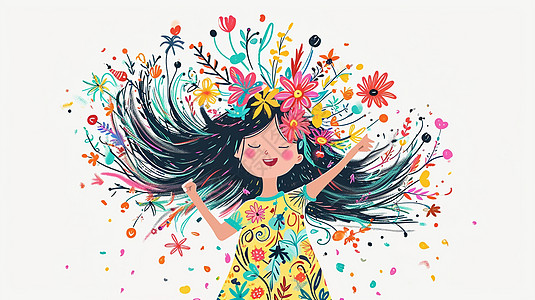 小朋友跳舞满头花朵开心跳舞的卡通小女孩插画