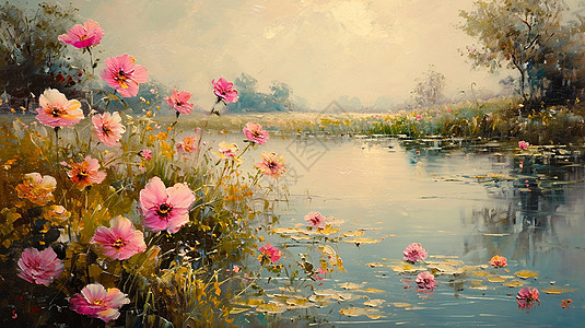河畔开着很多粉色小花的唯美油画风景画图片