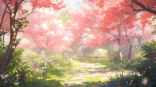 九寨风景春天盛开粉色花朵树林与草地唯美卡通风景画插画