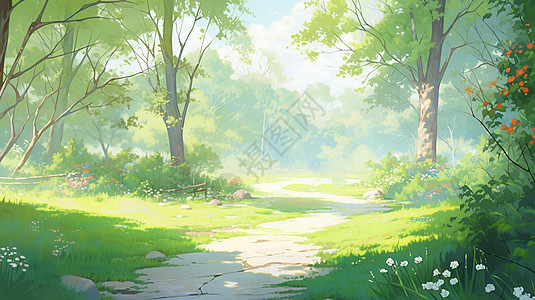 枫林小路春天嫩绿色的森林中的乡间小路插画