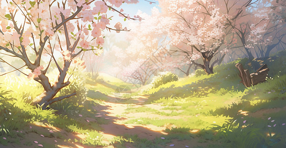 山坡上桃花树开满了花朵唯美卡通风景插画图片